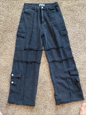 Porter Collective Black Frayed Cargo Jogger Pants.